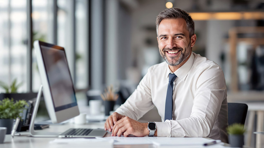 Employé souriant au bureau avec ordinateur et plantes, environnement de bureau avec fenêtre en arrière-plan
